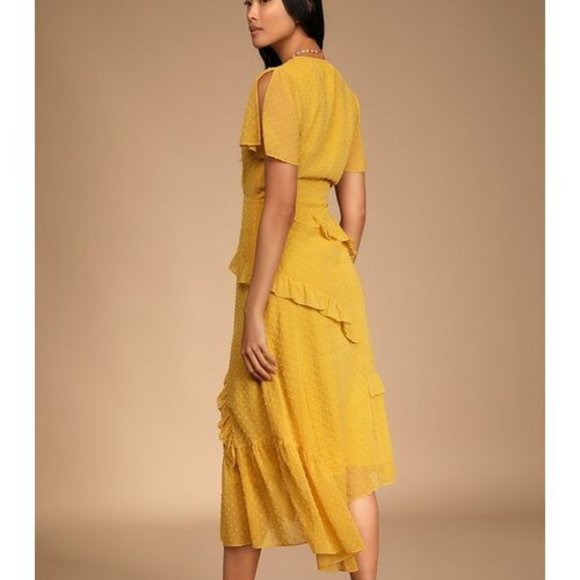 LULUS Swiss Dot Ruffled Midi Dress Mustard Yellow Color Size M $69 - Picture 2 of 5